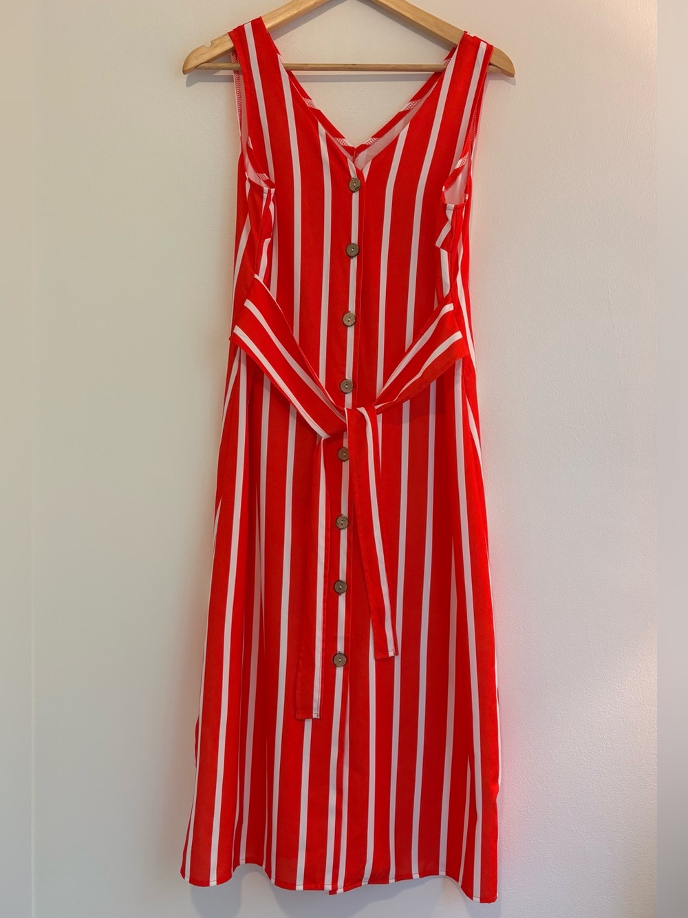 Red-Orange and White Striped Button-Front Sundress with Tie Waist